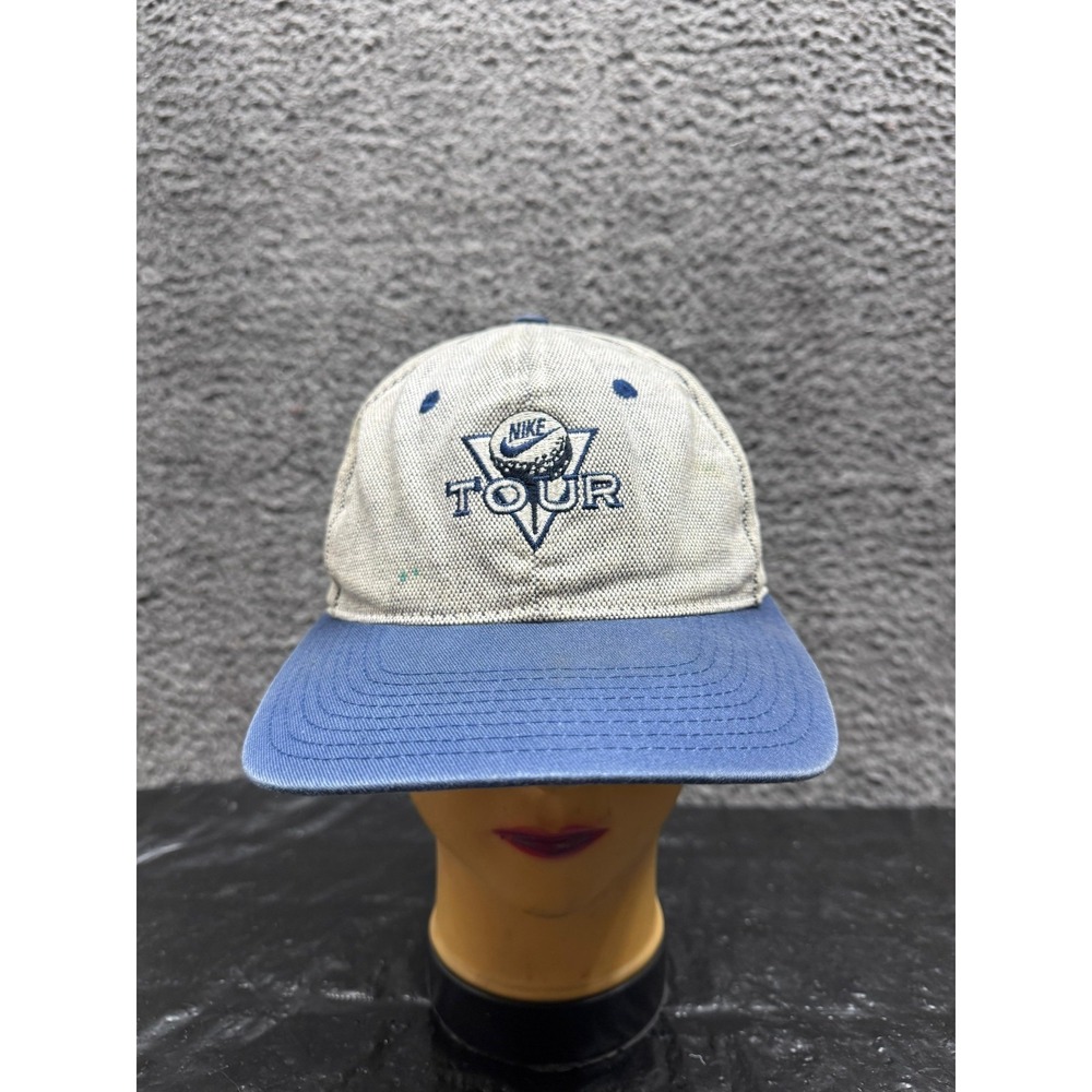 Vintage 1990s Nike Tour Embroidered Strapback Golf Hat Beige Blue Mens One Size